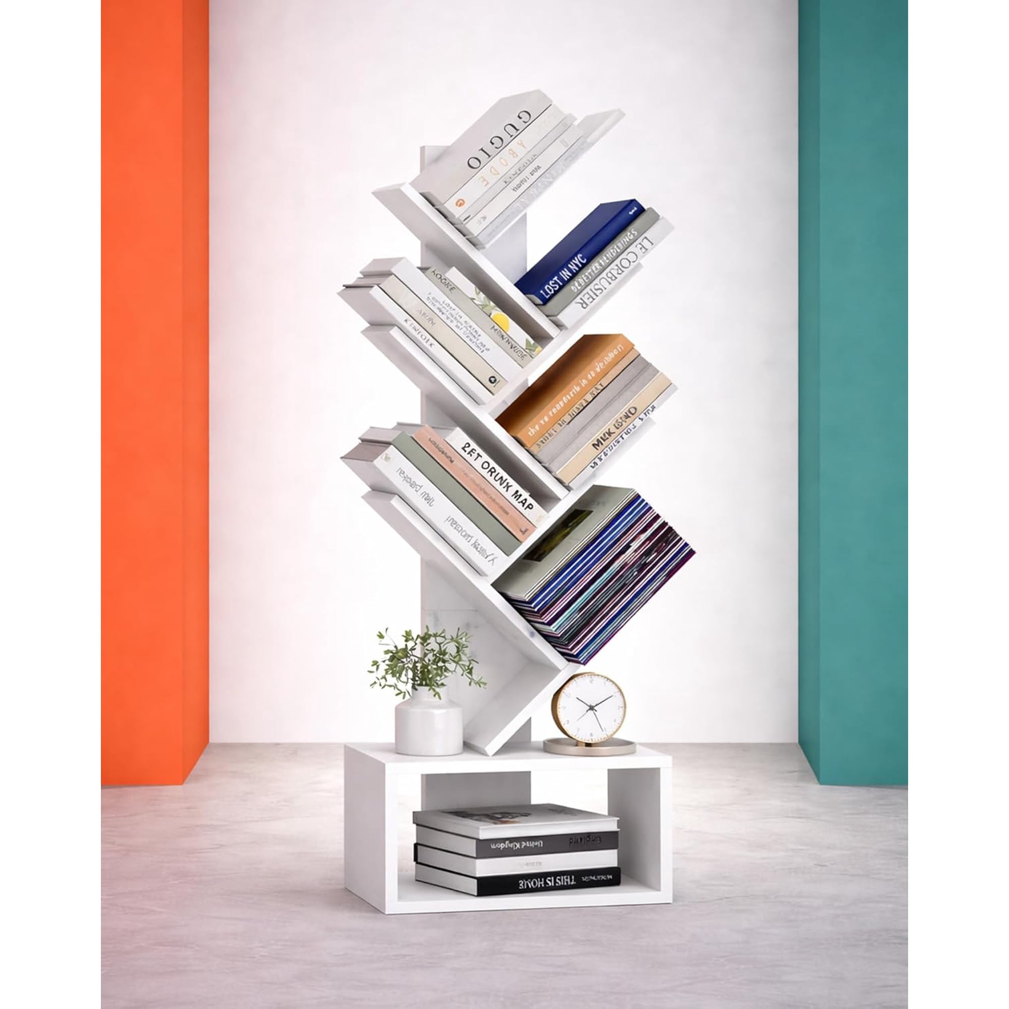 6 Tier Tree Bookshelf - Small Bookcase Compact Book Tower with Drawer Corner Bookshelf for Bedroom Living Room and Home Office Storage White
