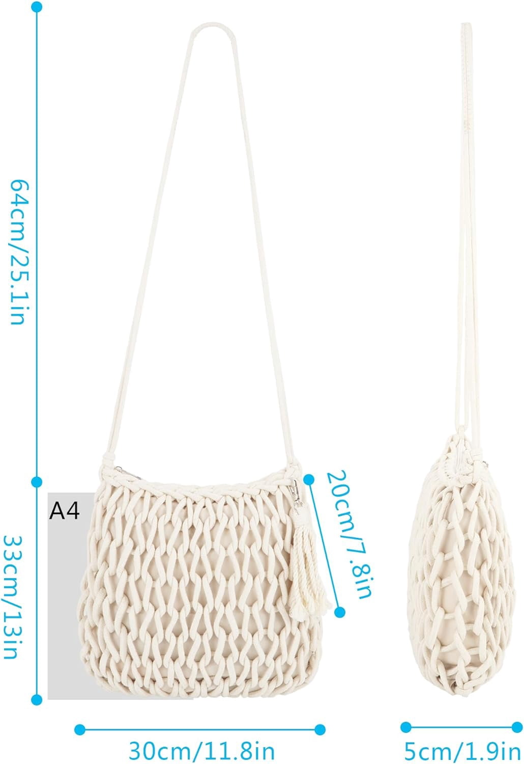 Women Large Tassels Cotton Crochet Cross-body Shoulder Bag Beach Tote Purse