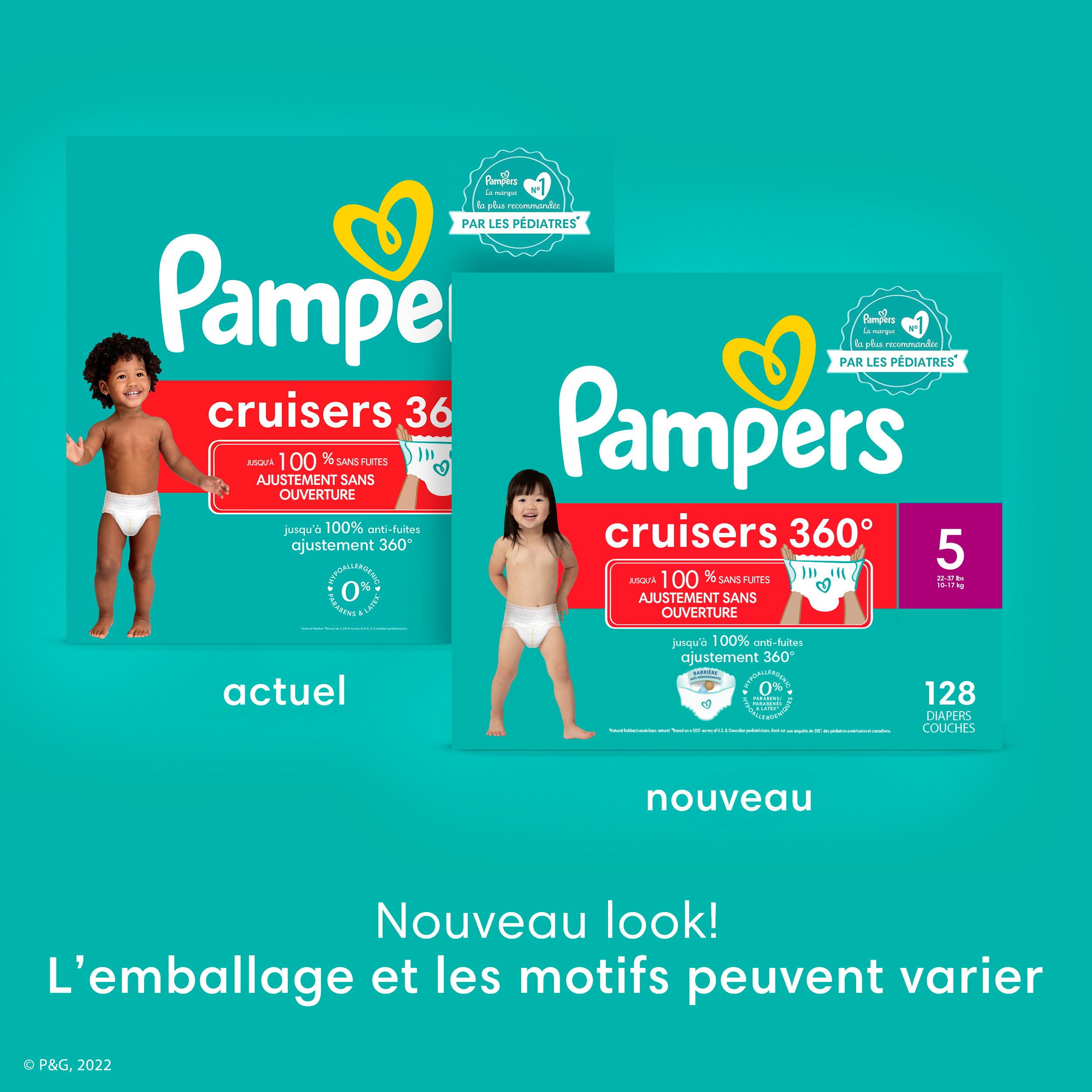 Couches Pampers Cruisers 360°, ajustement jusqu’à 100 % sans fuites, conçues pour les bébés actifs, couche à enfiler, rabats rapides conçus pour faciliter les changements, taille 4 64 Unité
