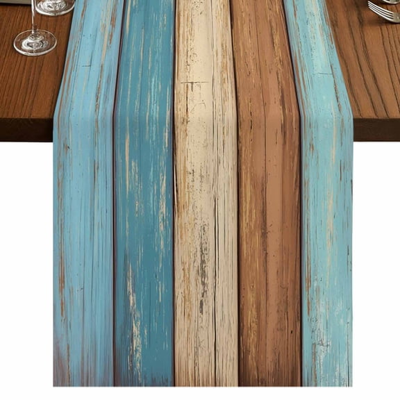 Table Runners 108 Inches Long Dress Scarves, Farmhouse Light Blue Brown Farmhouse Coffee/Dining/Kitchen Table Runner for Living Room, Vintage Wooden Striped 13x108 Inch