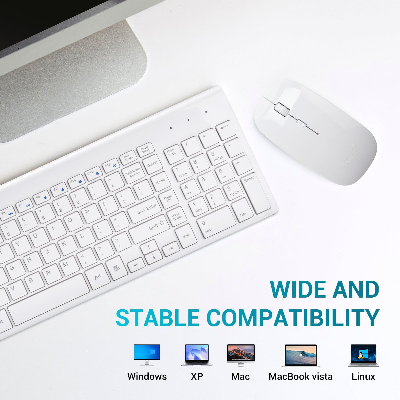 RVP+ Wireless Keyboard and Mouse Ultra Slim Combo, 2.4GHz Cordless USB Mouse and Keyboard PC Laptop Computer - White (RVP-KM100-W)