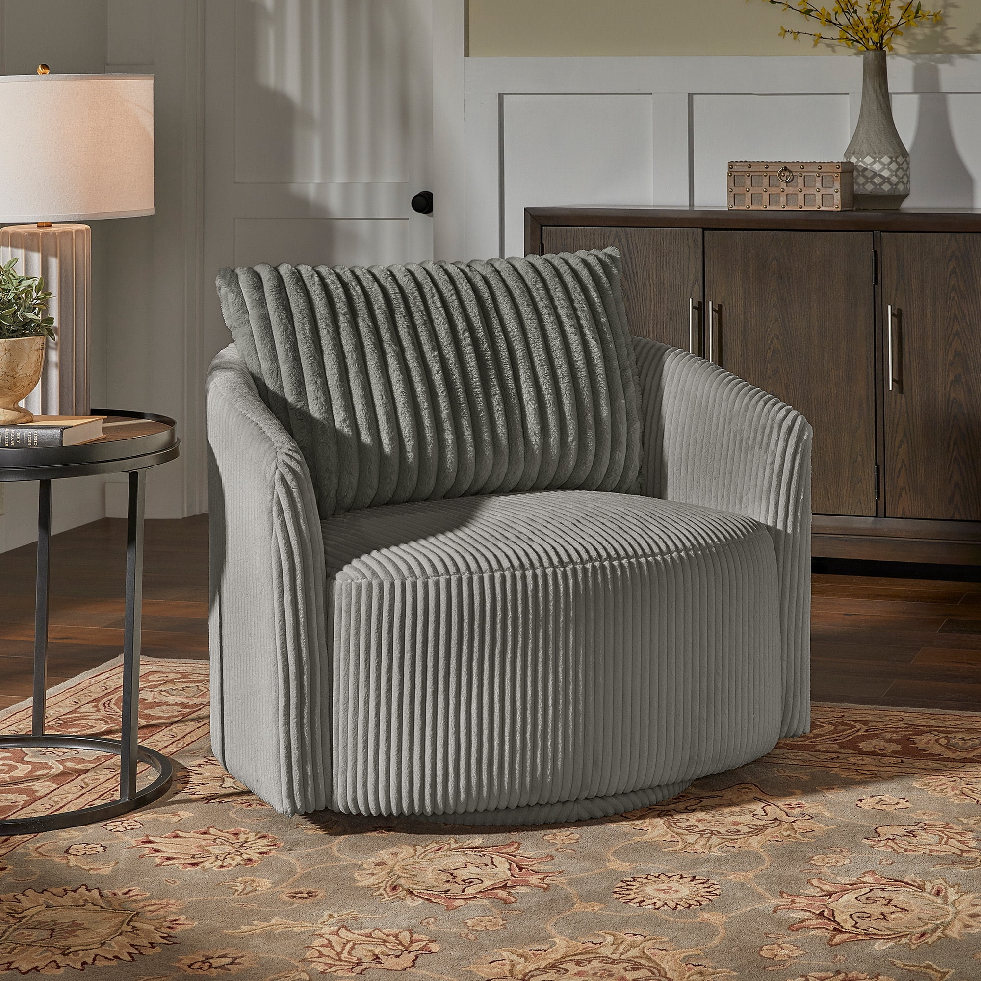 Weston Home Killarney Oversized Wale Corduroy Swivel Accent Chair with Furry Channel Pillow, Gray/Dark Gray Pillow