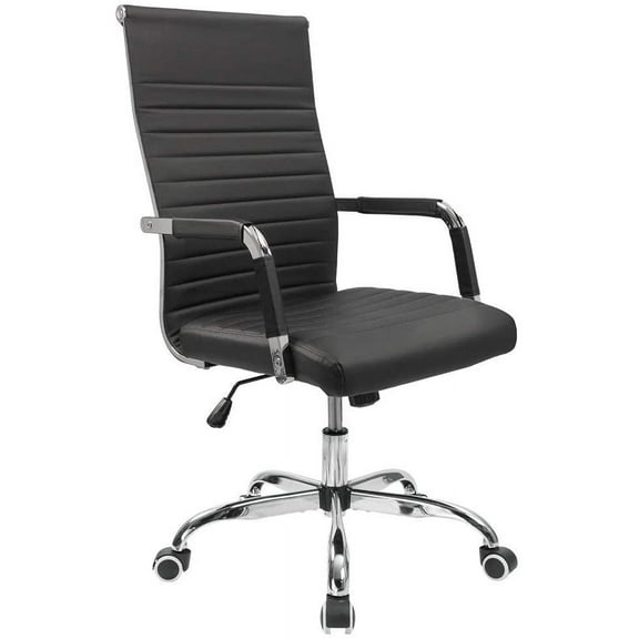 Ribbed Office Desk Chair Mid-Back PU Leather Executive Conference Task Chair Adjustable Swivel Chair with Arms (Black)