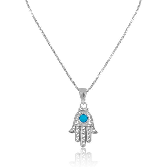 SilverCloseOut White Gold Over Sterling Silver Women's Created Blue Opal Hamsa Necklace, 18 in Box Chain, Hamsa Charm