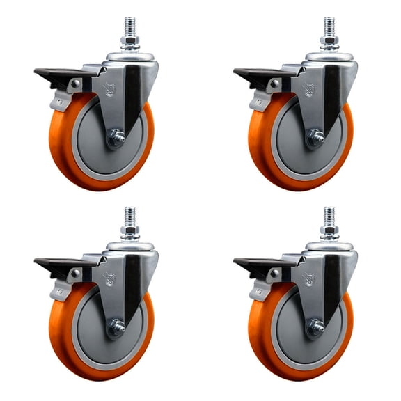 5 Inch Orange Polyurethane ½ Inch Threaded Stem Caster Set with Brake