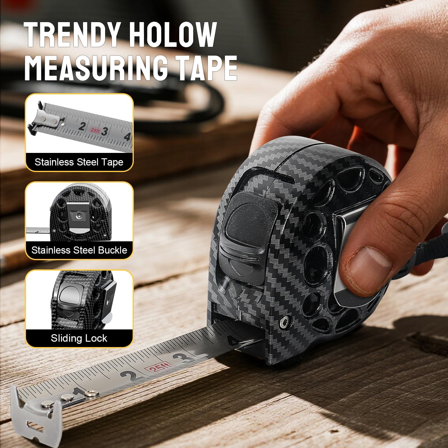 Steelite 25FT Tape Measure,Stainless Steel Measuring Tape with Lock Button,Portable Retractable Measure Ruler,Lightweight Hollow Design for Indoor and Outdoor Use