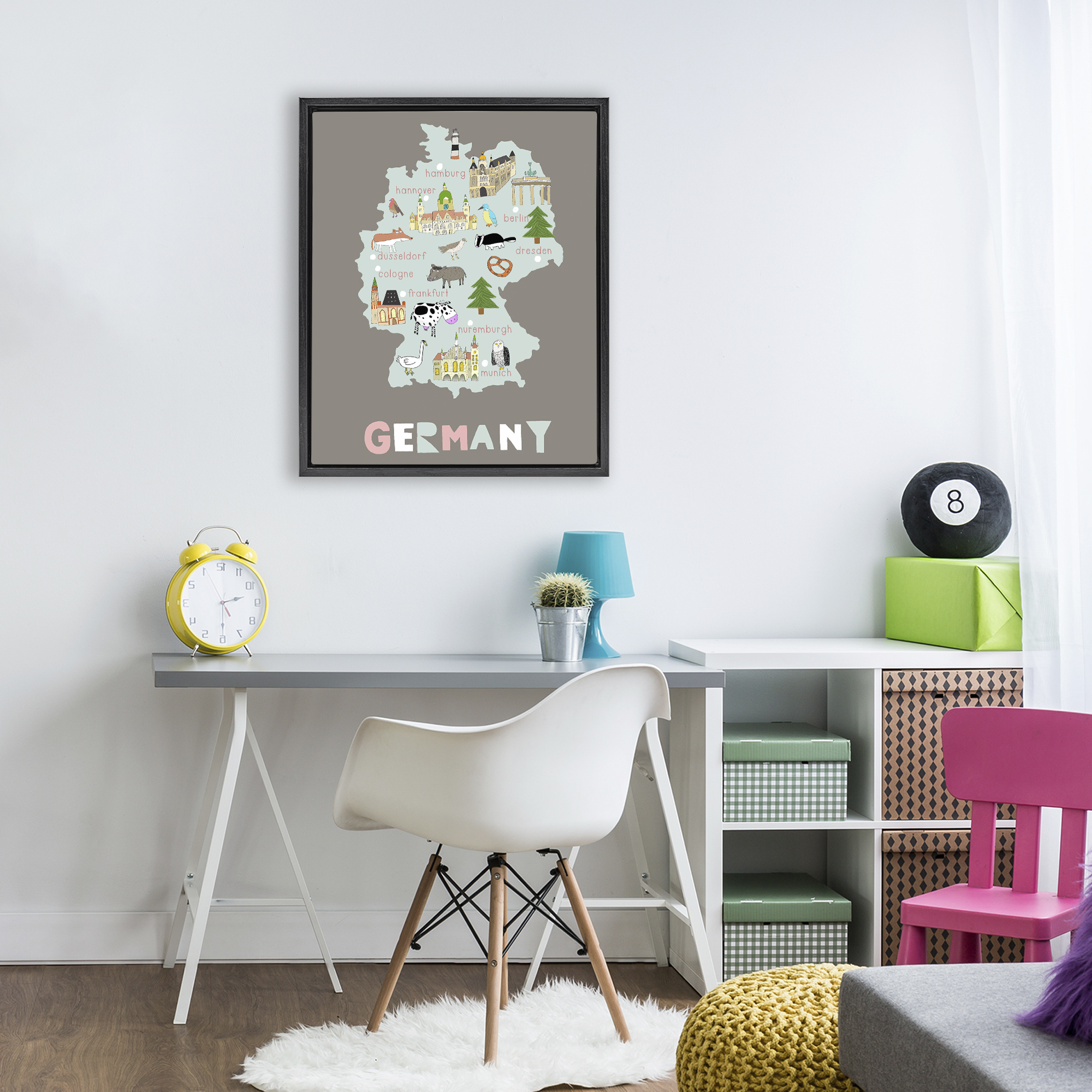 Kid's Map of Germany Black Framed Floater Canvas Wall Art, design by Carla Daly