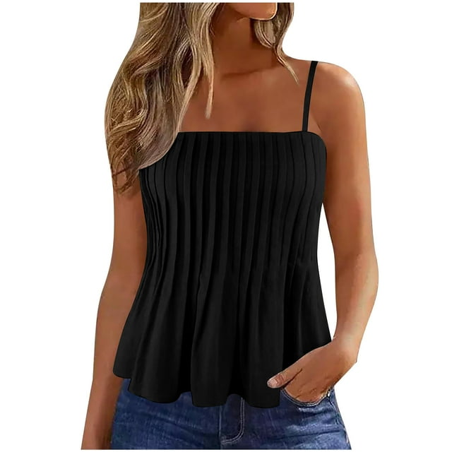 AherBiu Camisole Tops for Women Boho Ruffle Spaghetti Strap Square Neck Sleeveless Ruched Cute Tank Tops