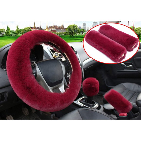 Pinbola 5pcs in 1 Set Faux Wool Steering Wheel cover Soft Fluffy Handbrake cover & gear Shift cover & 2pcs Seat Belt Shoulder Pads Warm Universal Fit for 15 Inch (Wine Red)