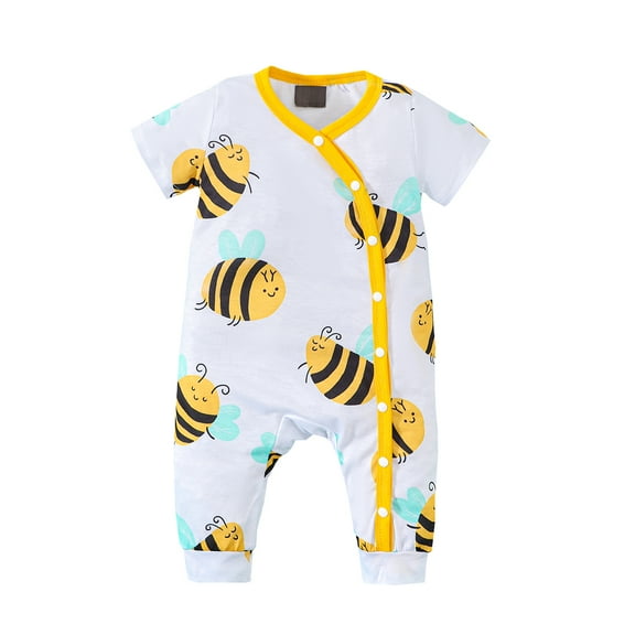Mikrdoo 0 Months Baby Boys Summer Romper 3 Months Newborn Boys Cute Bee Print Playsuits Single Breasted Design One Piece Bodysuits White
