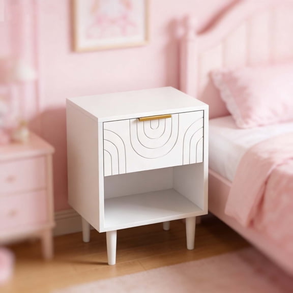 White Bedside Table with Drawer & Gold Handle, Modern Wood Leg Kids Nightstand, Space-Saving End Table for Boys Girls Small Bedrooms