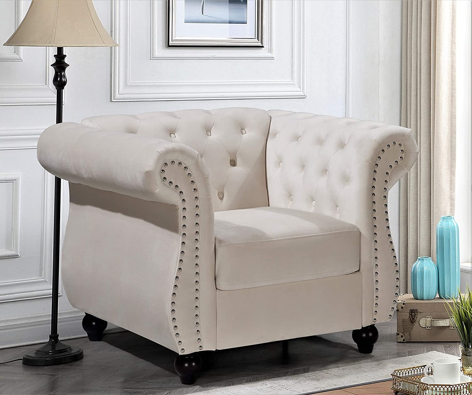 US Pride Furniture Chester 40.55 in. Wide Rolled Arm Velvet Modern Straight living Room Chair, Ivory