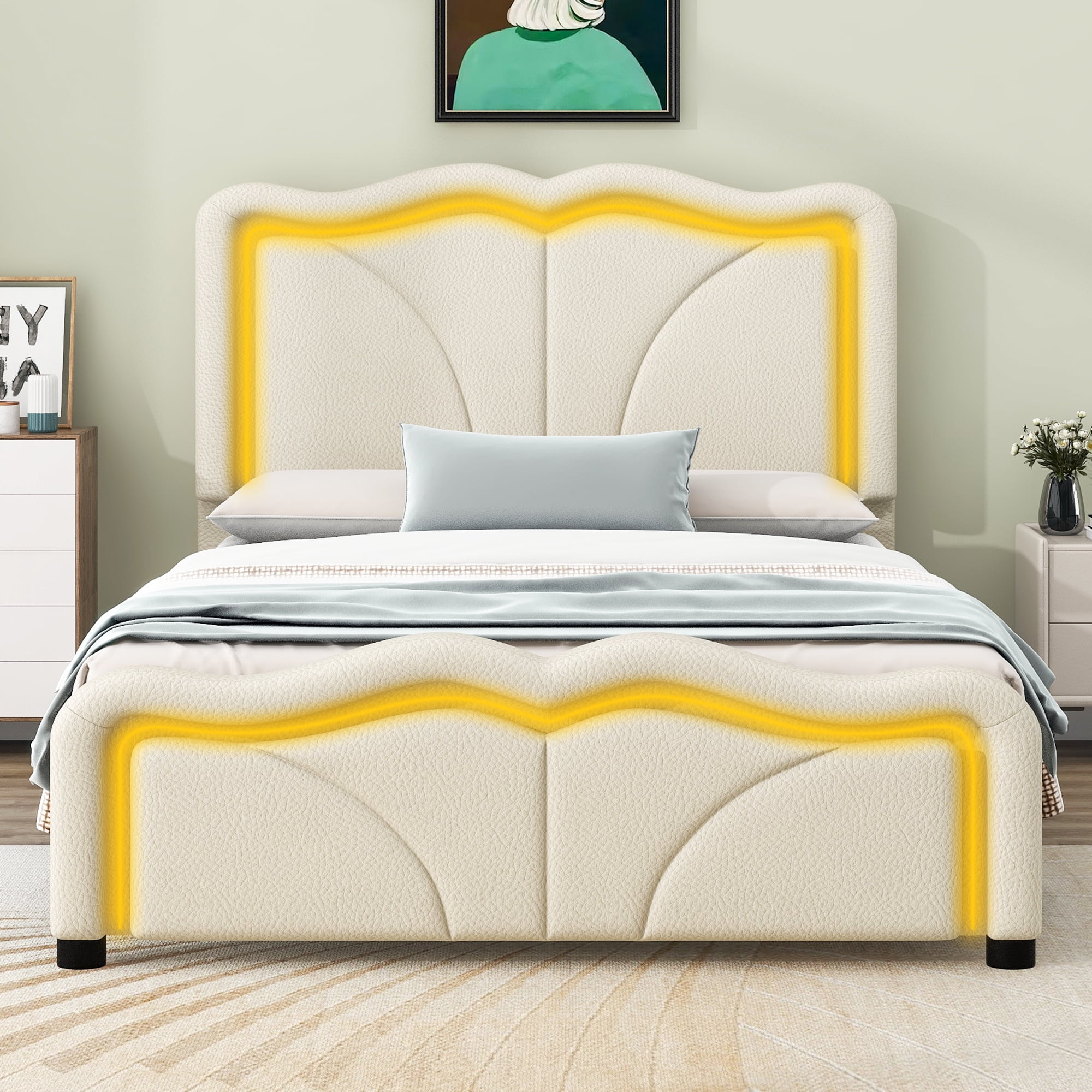 EUROCO Upholstered Twin Platform Bed, Cartoon Bed with Adjustable Headboard and LED Light for Toddler Kids Teens Adults, Beige