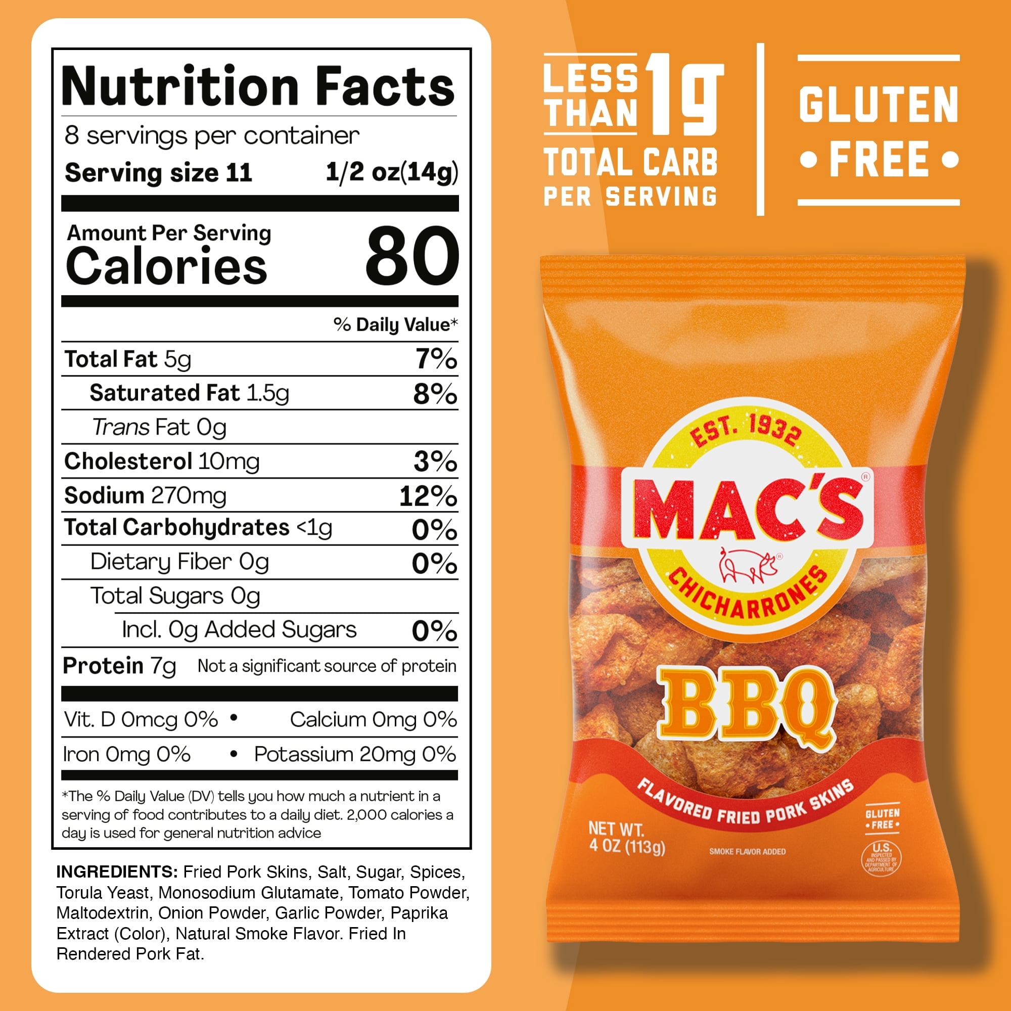 (4 pack) Mac's BBQ Chicharrones Pork Rinds, Pork Skins, 4 oz Bag