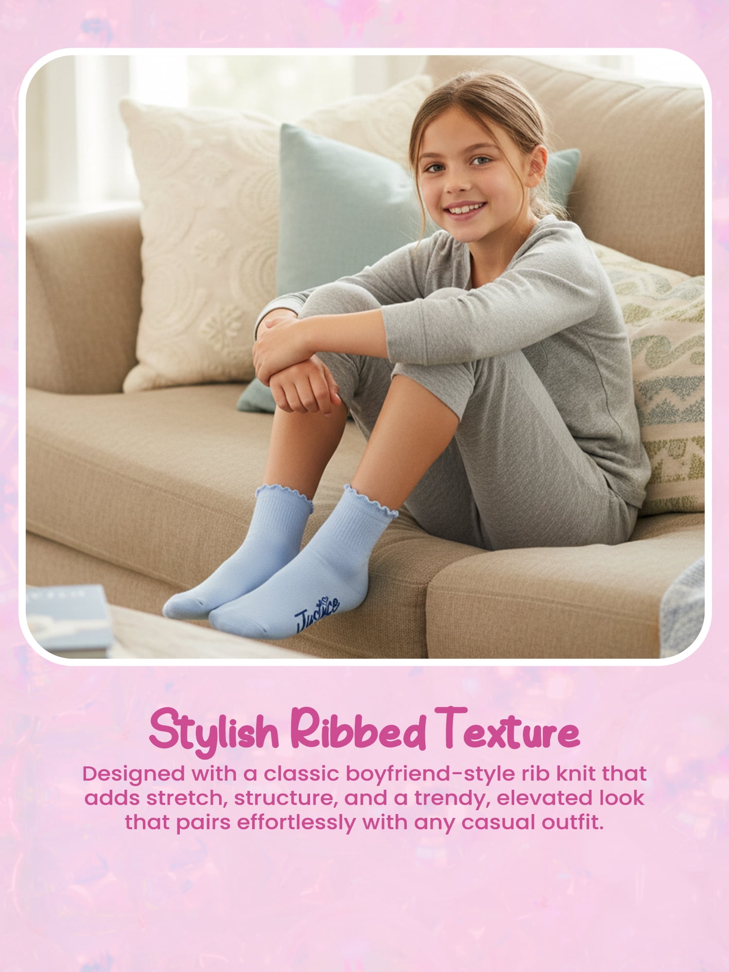 Justice Boyfriend Rib Ankle Socks for Girls with Lettuce Edge Anklet, 6 pk Multi Color