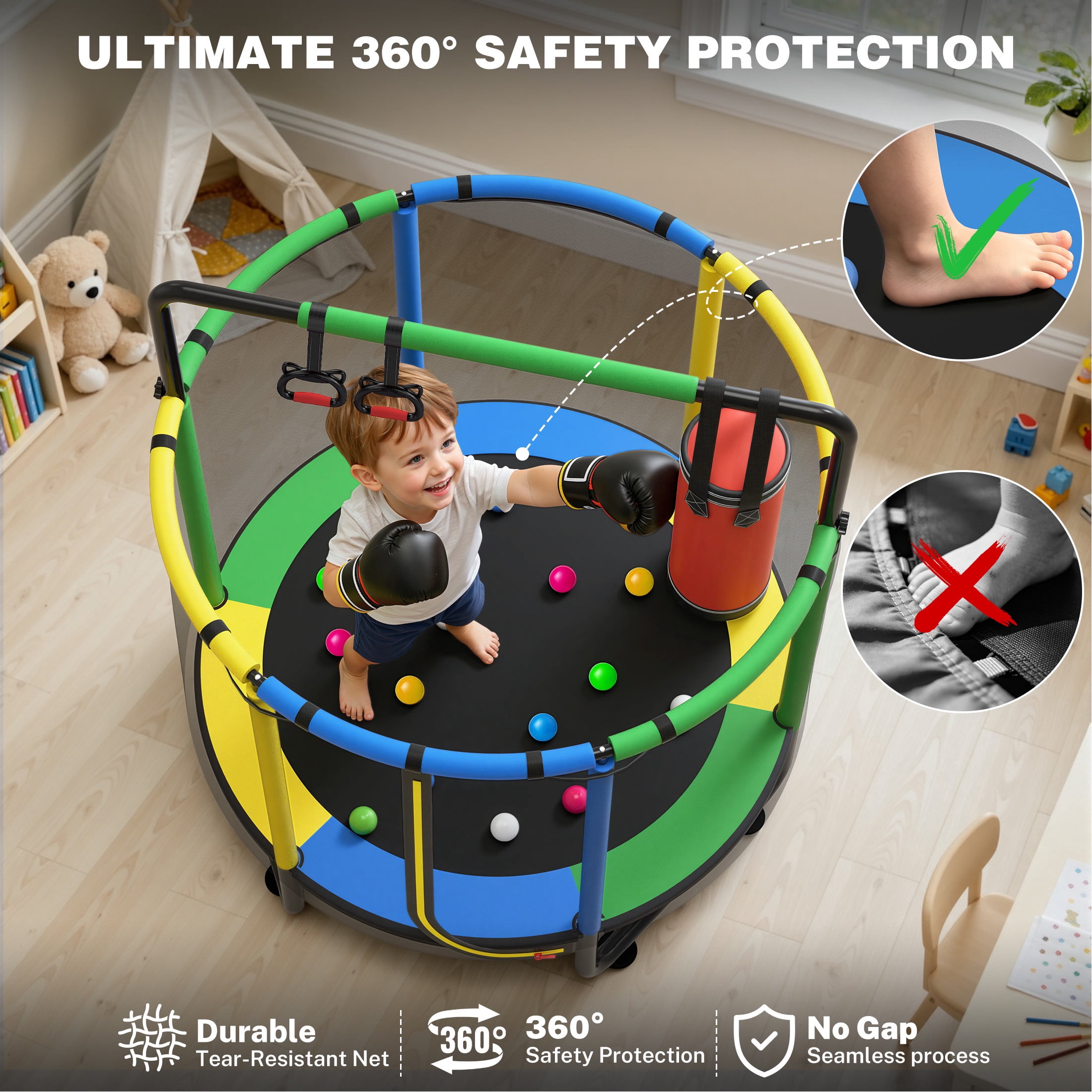 55" Toddler Trampoline, Activity Center with Gym Bar, Punching Bag, Rings, Ball Pit, Kids Trampoline, Indoor Toddler Play Gym, Mini Trampoline for Ages 3–6, 110lbs Weight Capacity, Green