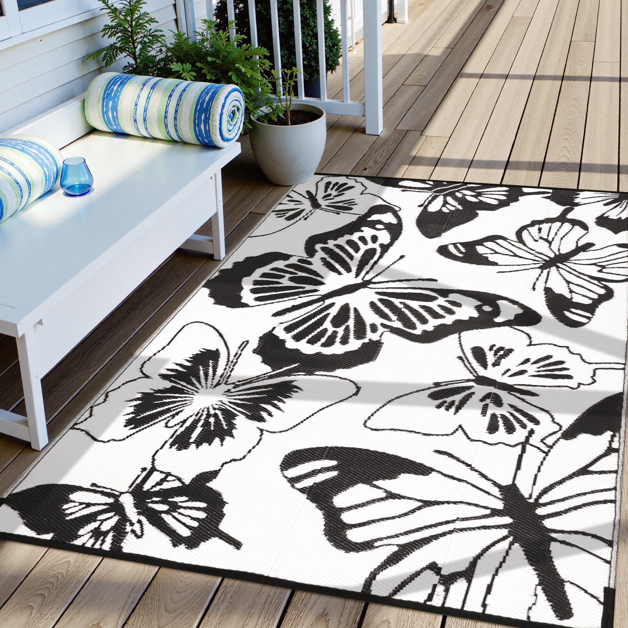 Lahome 6x9 Butterfly Outdoor Rug, Large Black&White Waterproof Reversible Patio Rugs, Portable Plastic Straw Carpet for Garden Backyard Beach
