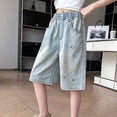 thumbnail image 4 of Amidoa&nbsp; Girls Jeans Shorts Elastic Waist Casual Wide Leg Baggy Sports Summer Kids Denim Shorts Light Blue Size 5T, 4 of 9