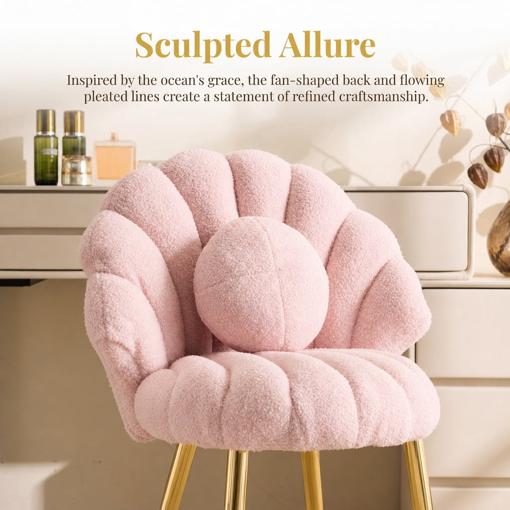 Ktaxon Vanity Makeup Chair with Teddy Velvet, Shell Design Accent Desk Chair with Lumbar Pillow and Gold Legs, Office Seating for Women Pink
