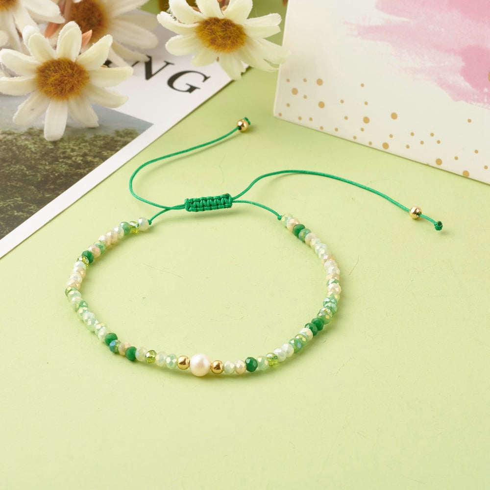 25pcs Nylon Thread Bead Bracelets with Electroplate Glass Beads Round Imitation Pearl Beads Green Inner Diameter: 2-3/8 inch(6.1~11cm)DIY