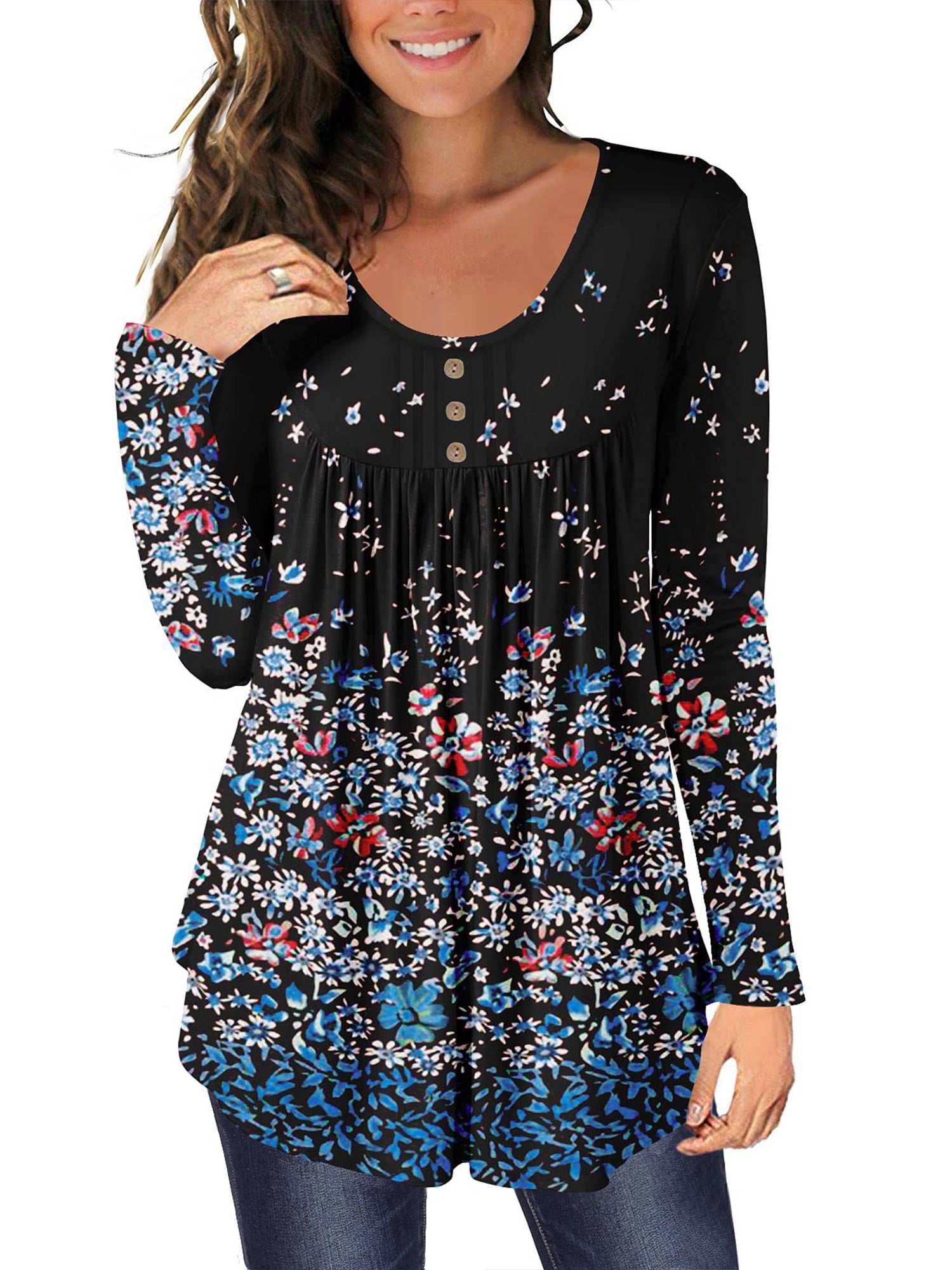 Women's Plus Size Long Sleeve Shirts Tops Pleated Floral Printed Tunic