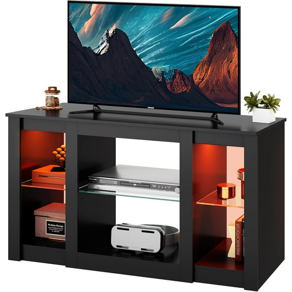 MY TV Stand for 43 Inch TV, Modern Entertainment Center with LED Lights & Adjustable Glass Shelves, Sturdy Media Console for Living Room, Bedroom,Gaming (Black)