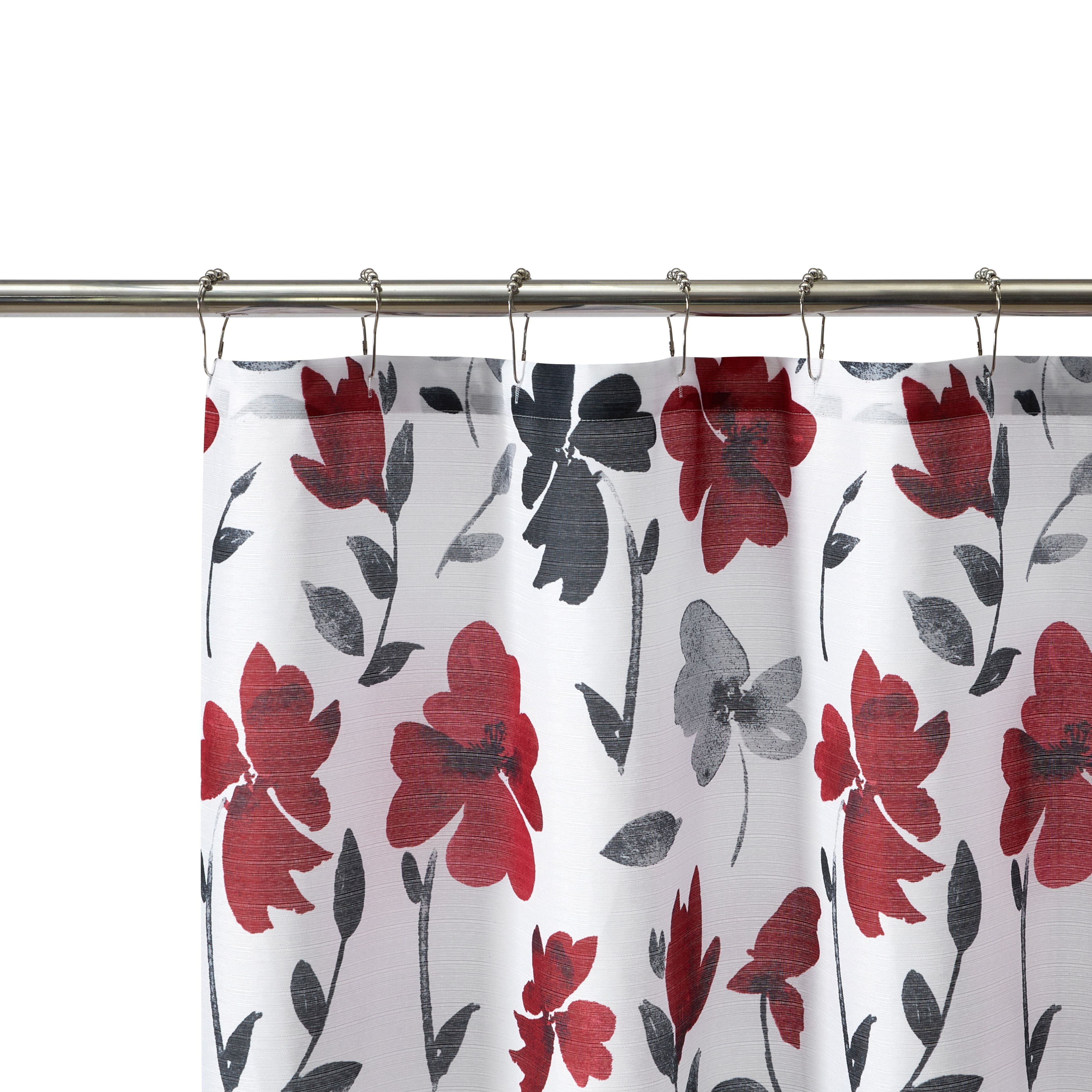 Mainstays Floral Shower Curtain, Black, Red & Gray, 72 in x 72 in, Polyester, Reinforced Grommets