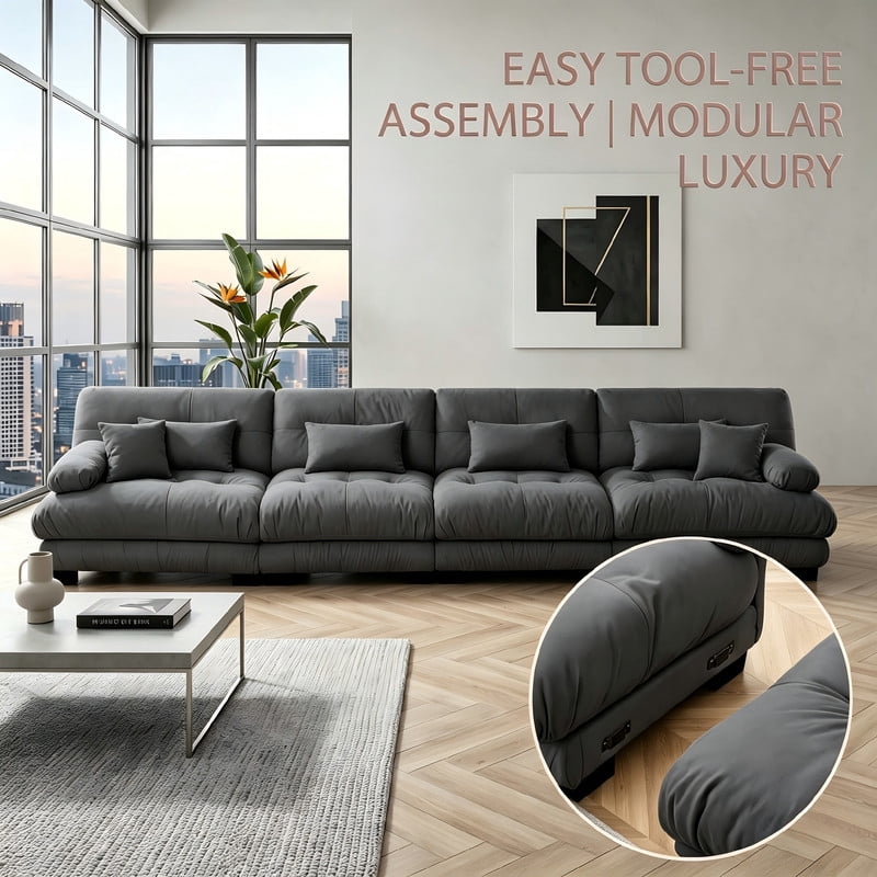 ANPPORT Cloud Couch Sleeper Sofa, Chenille Gray 4-Seater Modular Sofa, 4 Lumbar pillows, 2 Pillows, Comfy Deep Seat Cloud Sofa, Convertible L-Shaped Floor Couch for Living Room