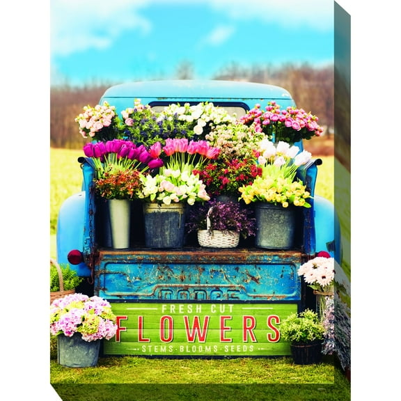 Outdoor Living and Style Blue and Green Fresh Flowers Outdoor Canvas Rectangular Wall Art Decor 40"