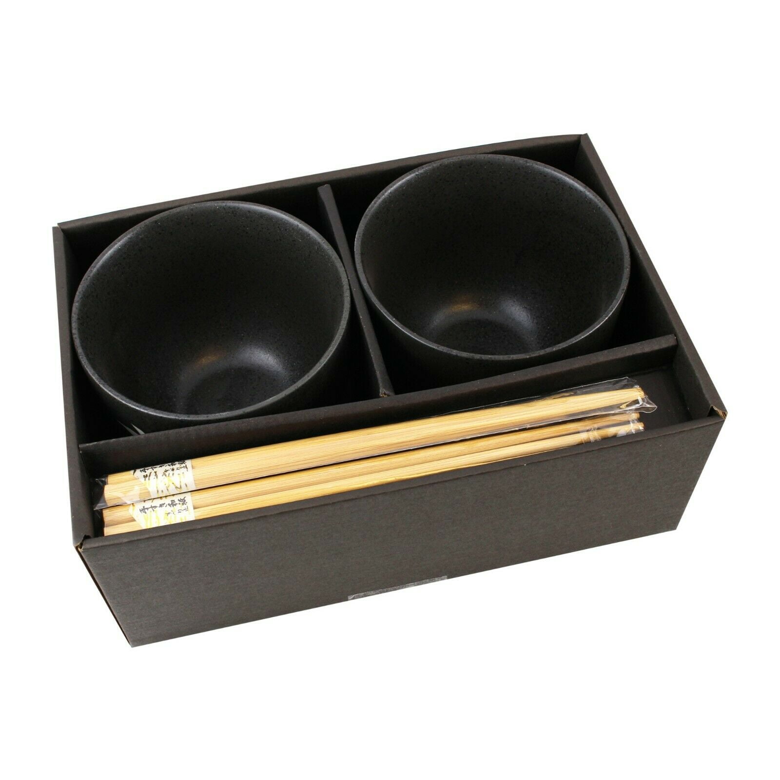 Quality Japanese Dinnerware Set of 2 Porcelain Black Bowls w Chopsticks Utensils EHD 1