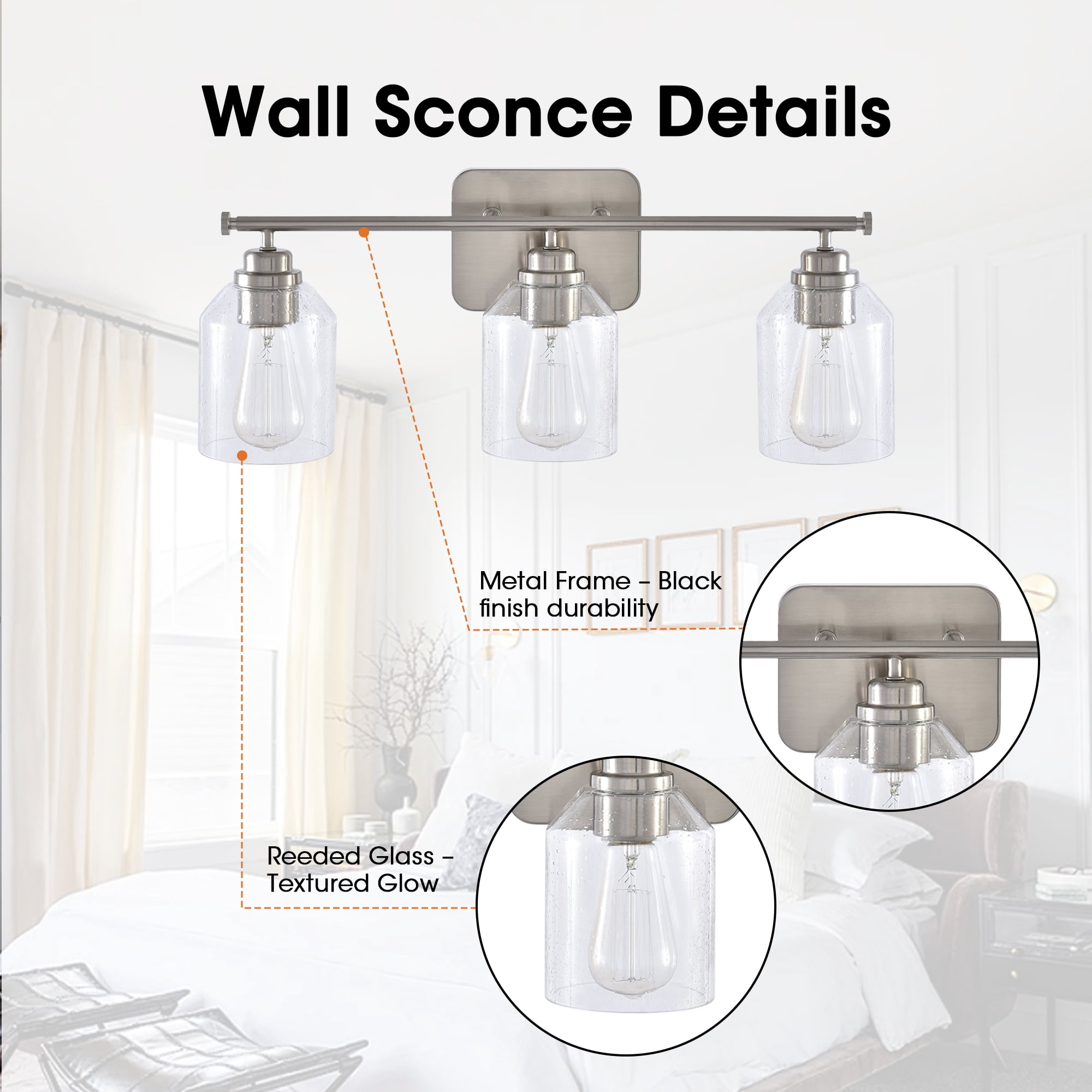 22" Modern Brushed Nickle 3-Light Seeded Glass Vanity Light Wall Sconce for Bathroom and Hallway