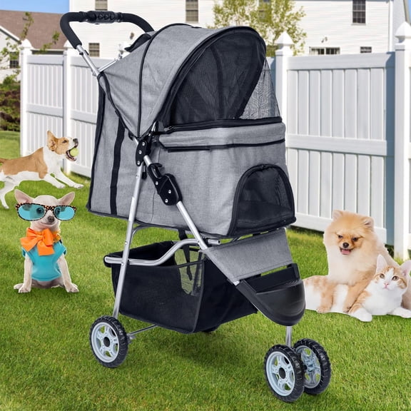 Dkelincs 3 Wheels Pet Stroller Folding Dog Cat Stroller Lightweight Travel Carrier with Cup Holder & Storage Basket, Gray