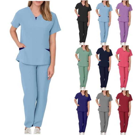 Woman Medical Nurse Uniform Solid Color Pocket Drawstring Pants Protective Suit Short Sleeve V-Neck Shirts Sets