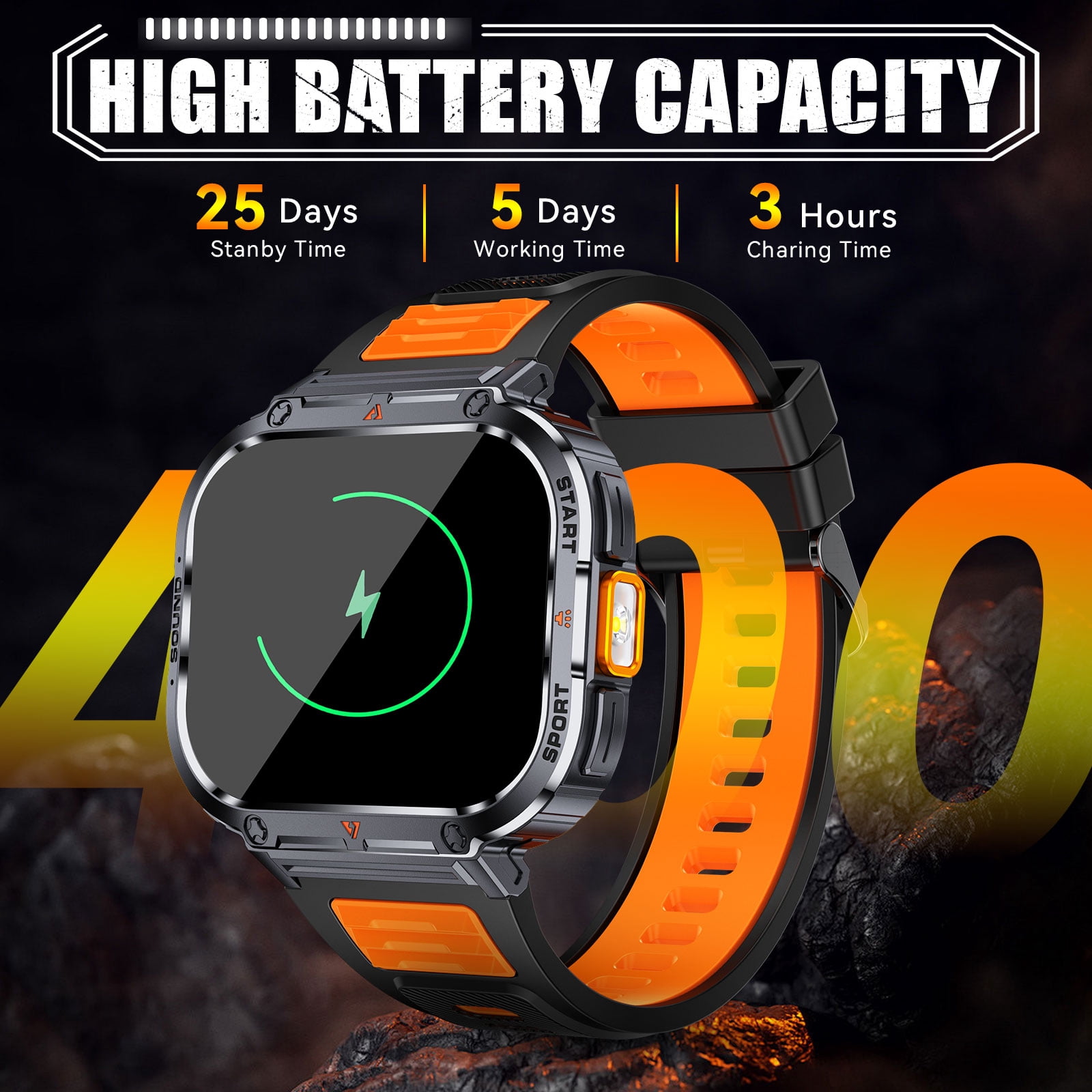 JELLOO NX23 2.0'' Large Horizontal HD Screen Smartwatches for Men (Answer/Make Calls), Smart Watch for iPhone and Android, Fitness Smartwatch with 100+ Sports Modes, Orange