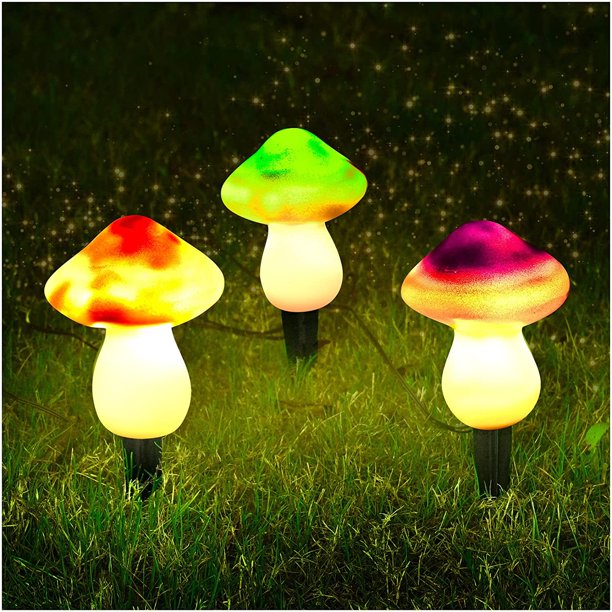 Juego mejorado de 3 piezas de luces solares de hongos de color, adornos de jardín, luces solares para caminos, decoración al aire libre, cadena de luces solares de hadas para jardín, patio trasero, césped, Navidad JM