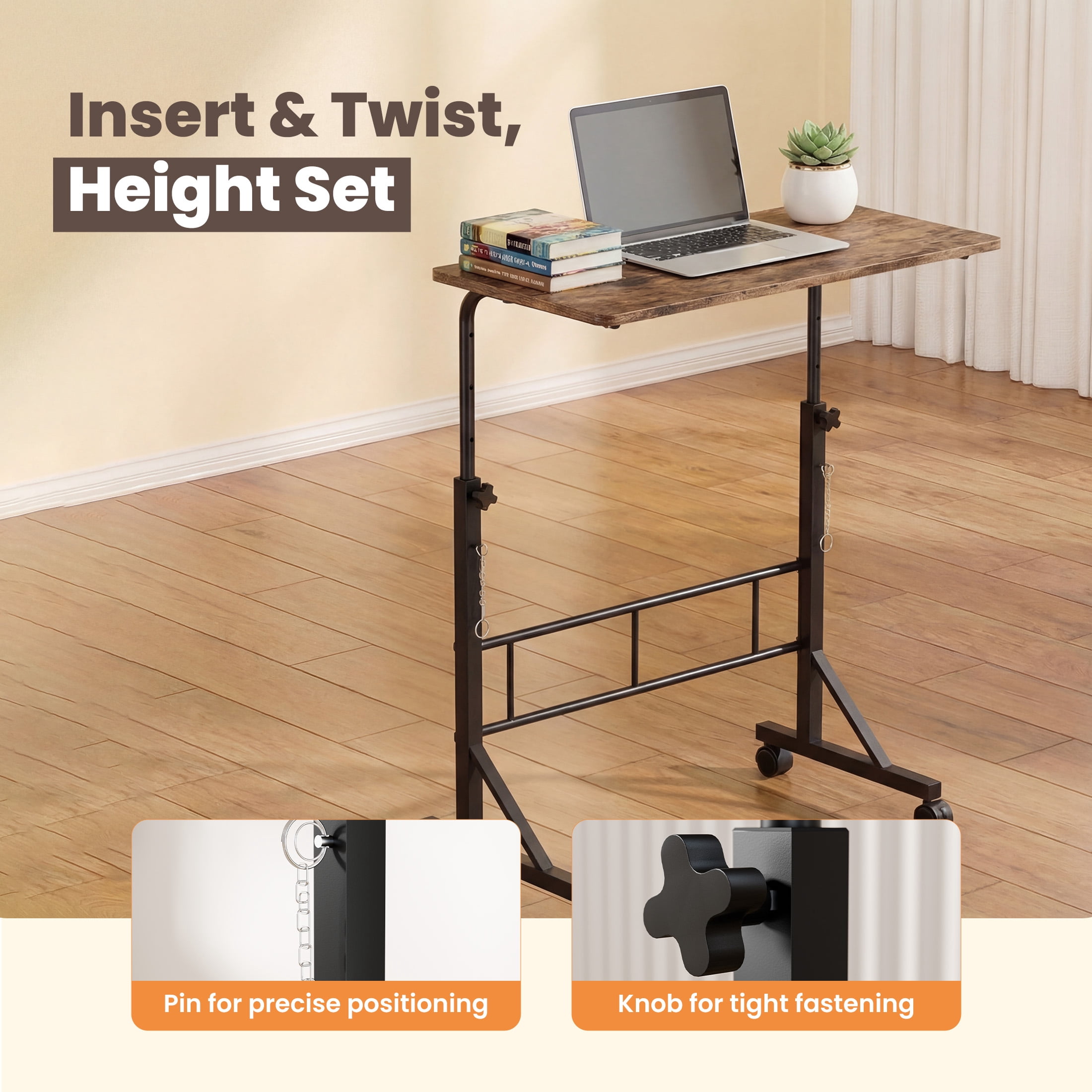 EDX Small Height Adjustable Standing Desk with Wheels, Mobile Rolling Computer Desk for Home Office, Sit Stand Laptop Desk for Walking Pad, Rustic Brown