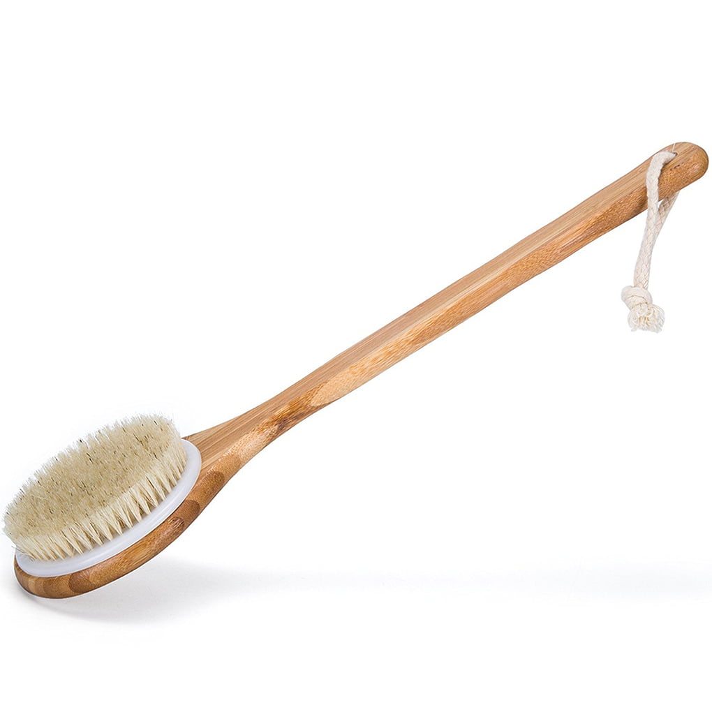 Minalo Best Bath Dry Body Brush -Natural Boar Bristles Shower Back Scrubber with Long Handle for Cellulite Exfoliation Detox