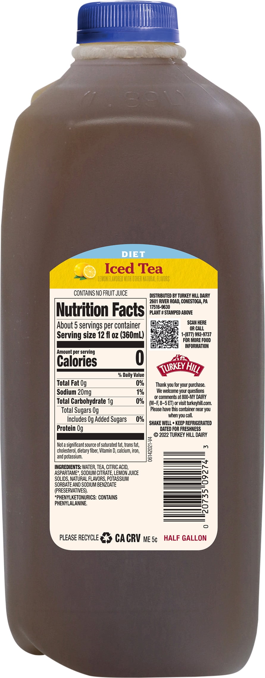 Turkey Hill Diet Lemon Iced Tea, Half Gallon