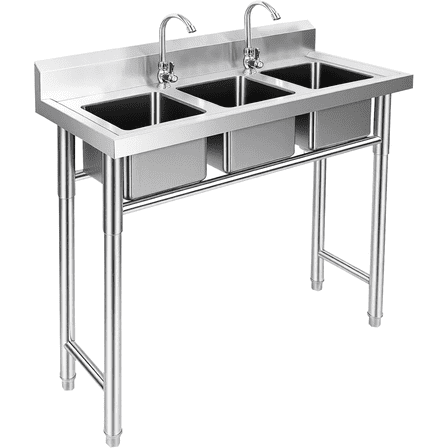 3-Compartment Sink, 39'' x 18'' x 36'' Stainless Steel Utility Sink, Free Standing Three Bowl Kitchen Sink Set with 2 Faucets Hot & Cold Water Pipes for Food Truck, Bar, Restaurant