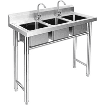 3-Compartment Sink, 39'' x 18'' x 36'' Stainless Steel Utility Sink, Free Standing Three Bowl Kitchen Sink Set with 2 Faucets Hot & Cold Water Pipes for Food Truck, Bar, Restaurant