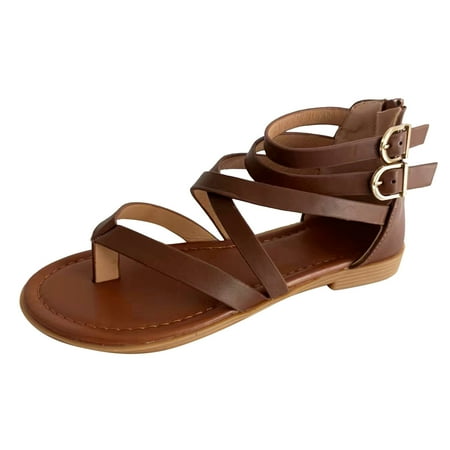 

zuwimk Sandals For Women Women Ankle Strap Hook and Loop Gladiator Flat Sandals Causal Summer Shoes Outdoor Beach Sandals Brown