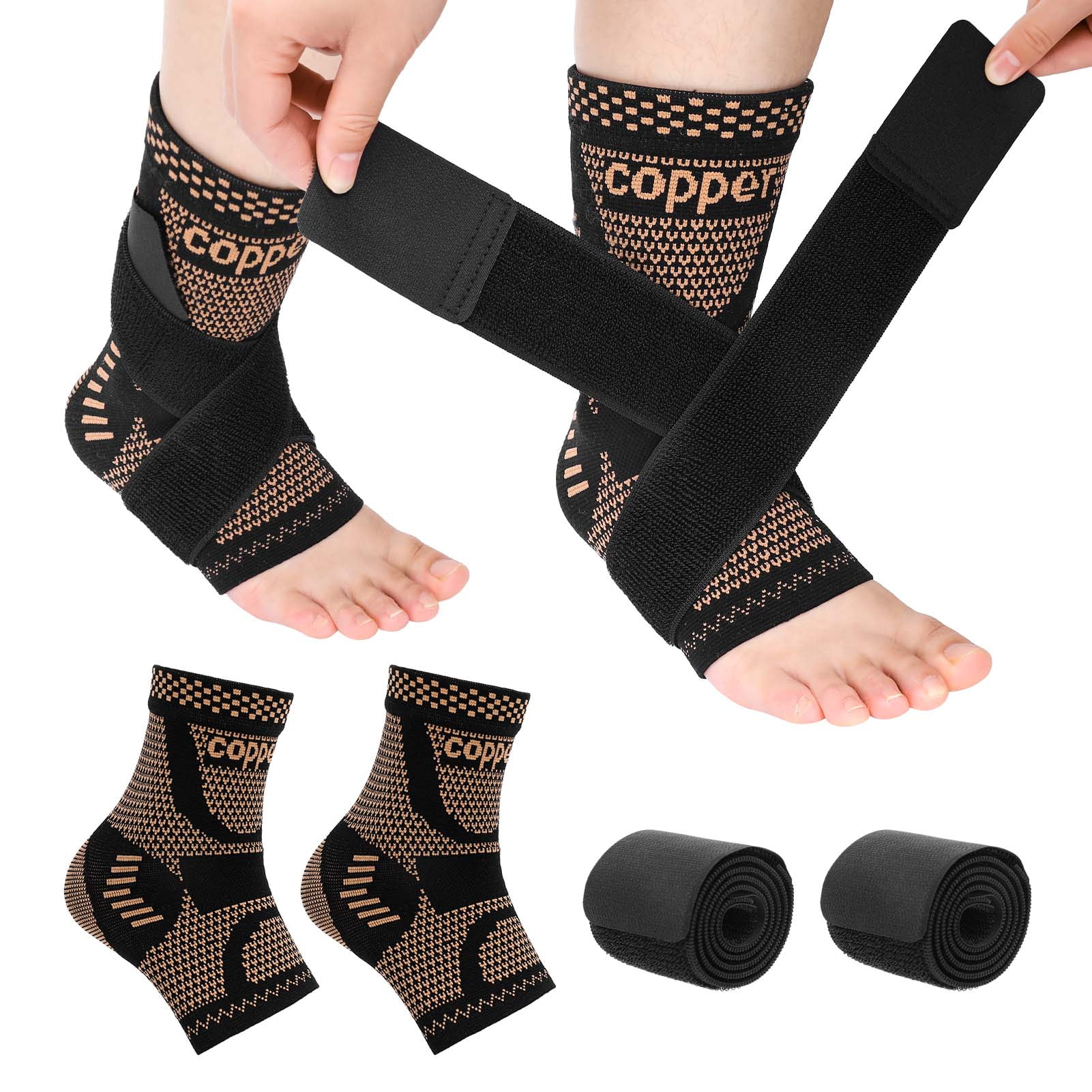sixwipe 2 Pcs Ankle Brace Compression Sleeve, Copper Ankle Support with 2 Pcs Adjustable Straps for Women Men, Foot Brace for Pain Relief, Achilles Tendonitis, Plantar Fasciitis, Sprained