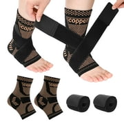 sixwipe 1 Pair Ankle Brace Compression Sleeve, Copper Ankle Support with 1 Pair Adjustable Straps for Women Men, Foot Brace for Pain Relief, Achilles Tendonitis, Plantar Fasciitis, Sprained Ankle