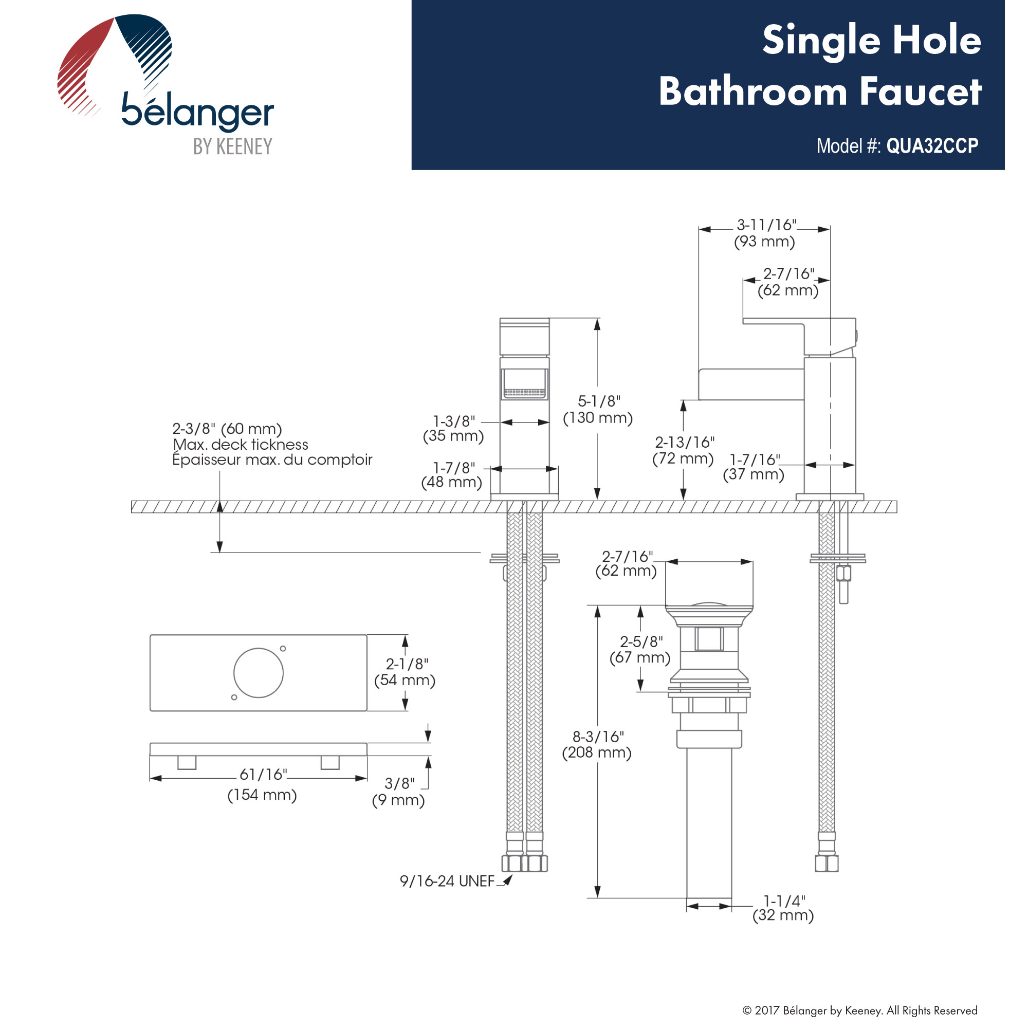 Belanger QUA32CCP Single Handle Bathroom Faucet with Drain, Polished Chrome