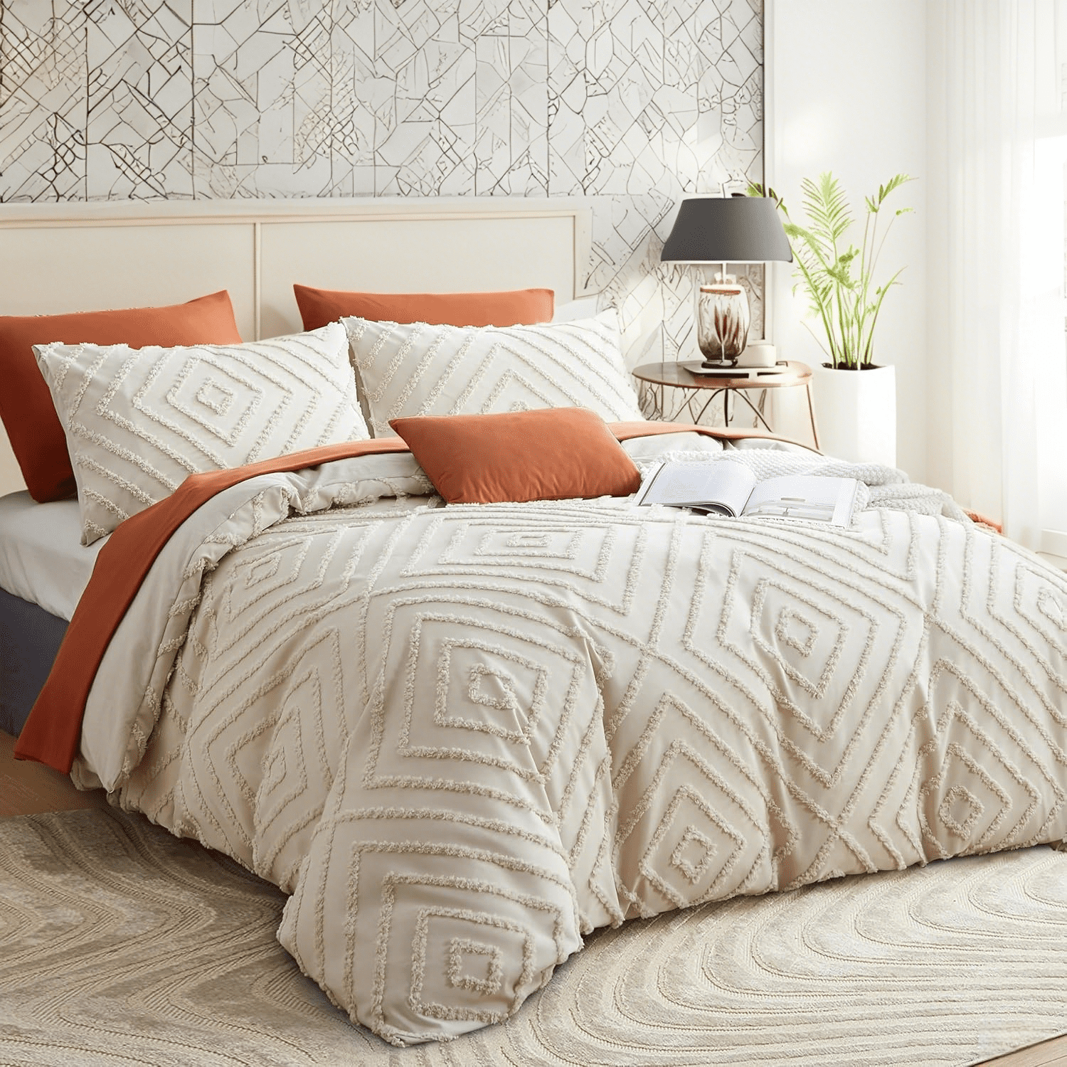 JOLUSERE Jacquard Geometric Pattern Tufted Duvet Cover Queen Set, 3 Pieces Boho Ultra Soft Embroidery Bedding Set, Beige