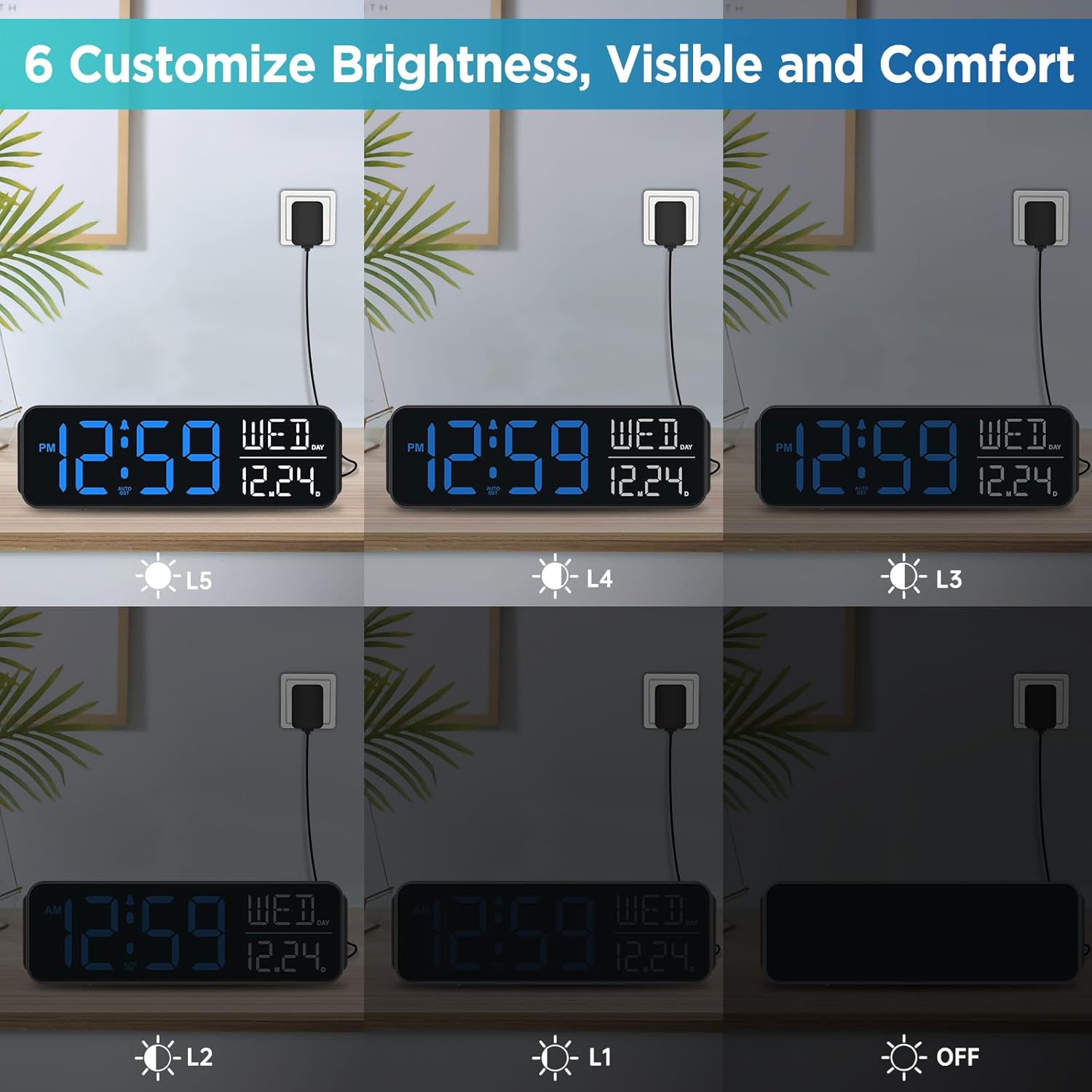 Large Display Digital Alarm Clock for Bedrooms, Date Day of Week Calendar Desk Table Clocks for Living Room Office, Dimmable Plug in Electric Clock, 5 Volumes, Loud, Auto DST