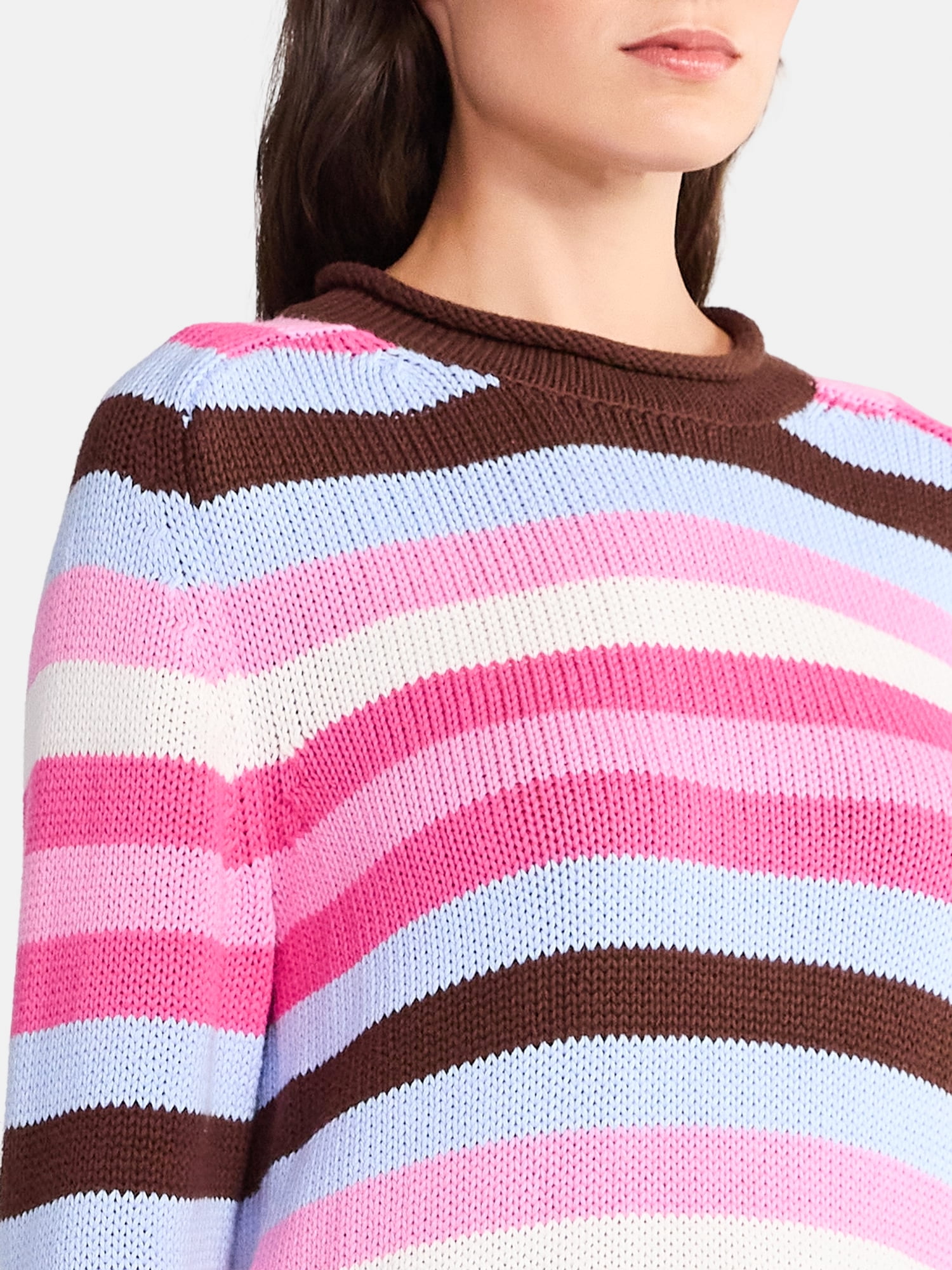 Free Assembly Women’s Saddle Shoulder Roll Neck Cotton Sweater with Long Sleeves, Sizes XS-XXL