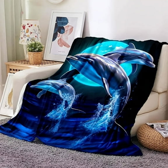 Vibrant Jumping Dolphins Flannel Blanket – Soft, Cozy Throw with Moonlit Ocean Design – Lightweight & Versatile for Sofa, Bed, Travel, Camping, and More