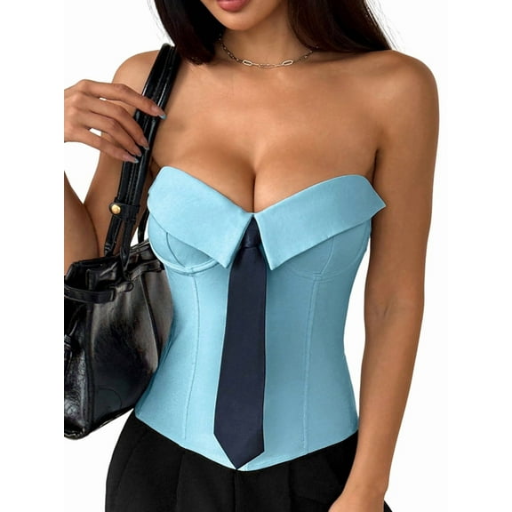 Women'S Strapless Corset Top for Office Chic, Preppy Corset with Ribbon Detailing, Streetwear Chic Blue XS