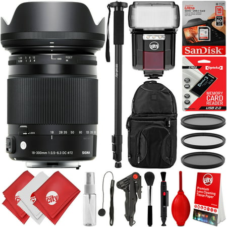 Sigma 18-300mm f/3.5-6.3 MACRO OS HSM Contemporary Lens + 16GB 20PC Bundle for Canon 80D, 77D, 70D, 60D, 60Da, 50D, 7D, 6D, 5D, 5DS, 1DS, T7i, T7s, T7, T6s, T6i, T6, T5i, T5, SL2 and SL1 DSLR (Best Portrait Lens For Canon 6d)